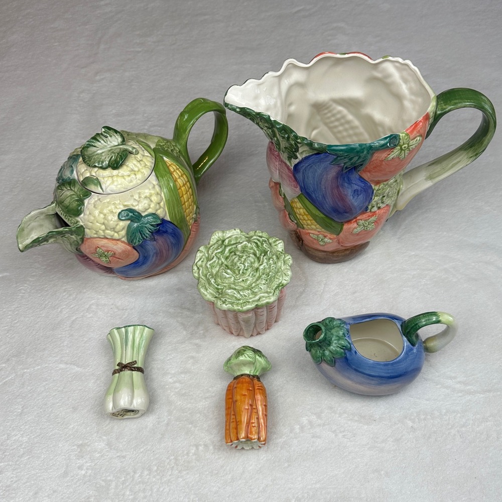 Fitz & Floyd 1986-1987 VTG Ceramic Vegetable Pitcher Creamer Sugar Bowl 6P Set‎